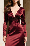 Burgundy Satin V-Neck Long Sleeves Mermaid Evening Dress