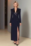 Navy Single Breasted Peak Lapel Long Sheath Blazer Dress with Slit