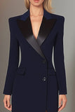 Navy Single Breasted Peak Lapel Long Sheath Blazer Dress with Slit