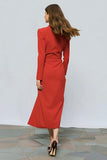 Red One Button Ruched Peak Lapel Midi Blazer Dress with Slit