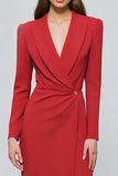 Red One Button Ruched Peak Lapel Midi Blazer Dress with Slit