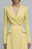 Yellow Peak Lapel Double Breasted Midi Blazer Dress with Sleeves