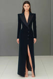 Navy Peak Lapel Velvet Single Breasted Long Blazer Dress with Slit