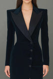 Navy Peak Lapel Velvet Single Breasted Long Blazer Dress with Slit