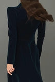 Navy Peak Lapel Velvet Single Breasted Long Blazer Dress with Slit