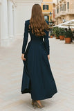 Navy Single Breasted Long A-Line Blazer Dress with Sleeves