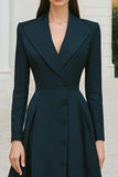Navy Single Breasted Long A-Line Blazer Dress with Sleeves