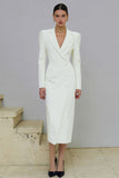 Ivory Single Breasted Midi Pencil Blazer Dress with Sleeves