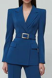Dark Blue Notched Lapel 2 Piece Business Suits with Belt