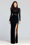 Black Sheath Illusion High Neck Long Sleeves Evening Dress with Slit