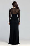 Black Sheath Illusion High Neck Long Sleeves Evening Dress with Slit