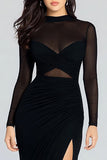 Black Sheath Illusion High Neck Long Sleeves Evening Dress with Slit