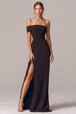 Coffee Sheath Asymmetrical Neck Pleated Long Formal Dress with Slit