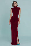 Burgundy Velvet High Neck Long Holiday Party Dress with Slit