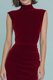 Burgundy Velvet High Neck Long Holiday Party Dress with Slit