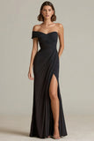 Black Long Sheath Asymmetrical Neck Ruched Formal Dress with Slit