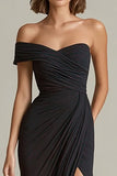 Black Long Sheath Asymmetrical Neck Ruched Formal Dress with Slit