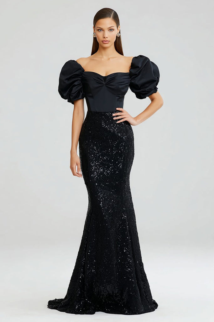 Leely Women Sparkly Black Mermaid Long Formal Dress with Sequins Puff