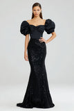 Black Mermaid Puff Sleeves Long Sparkly Formal Dress with Sequins