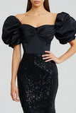 Black Mermaid Puff Sleeves Long Sparkly Formal Dress with Sequins