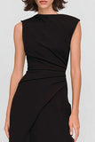 Simple Black Sheath Bateau Neck Ruched Long Formal Dress