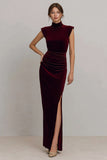 Burgundy High Neck Ruched Velvet Long Sheath Formal Dress with Slit