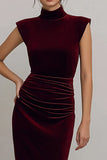 Burgundy High Neck Ruched Velvet Long Sheath Formal Dress with Slit