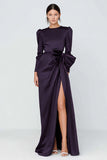 Dark Purple Crew Neck Long Sleeves Satin Formal Dress with Bow