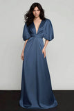 Dark Blue Satin V-Neck A-Line Long Formal Dress with Sleeves