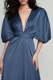 Dark Blue Satin V-Neck A-Line Long Formal Dress with Sleeves