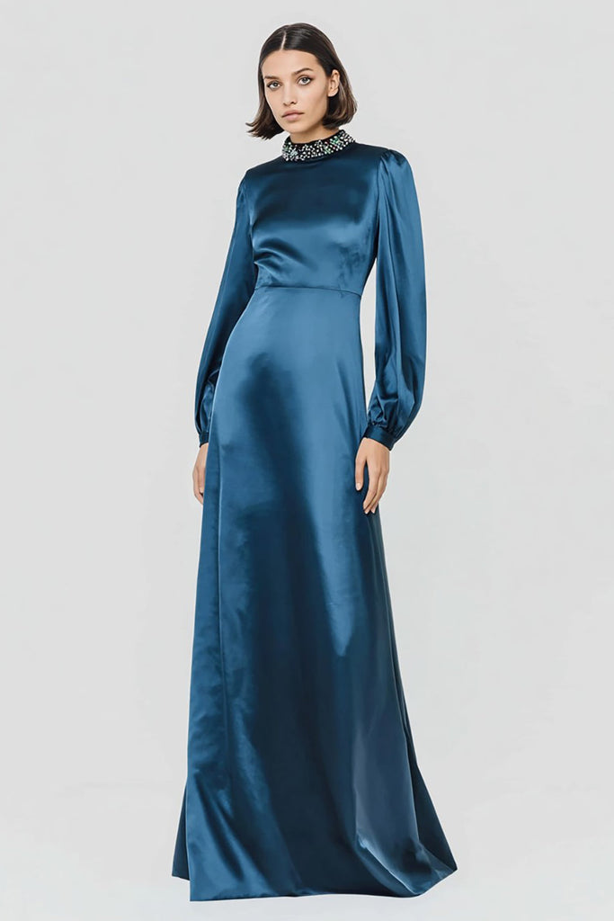 Leely Women Sparkly Dark Blue Sheath Long Sleeves Formal Dress with