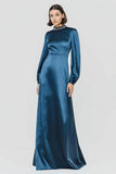 Dark Blue High Neck A-Line Long Formal Dress with Beading