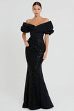 Sparkly Mermaid Black Sequin Off the Shoulder Long Formal Dress