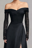 Black Off the Shoulder Long Sleeves Formal Dress with Lace