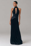 Glitter Halter Neck Long High Waist Black Tie Dress with Keyhole