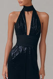 Glitter Halter Neck Long High Waist Black Tie Dress with Keyhole