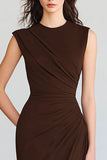 Simple Coffee Mermaid Crew Neck Ruched Long Formal Dress