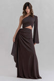 Coffee One Shoulder Ruched Cut Out Long Formal Dress with Ruffles