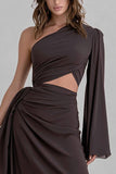 Coffee One Shoulder Ruched Cut Out Long Formal Dress with Ruffles