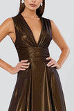 Matallic Brown V-Neck A-Line Pleated Long Formal Dress