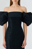 Sparkly Black Sequins Mermaid Puff Sleeves Long Formal Dress