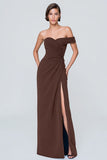 Coffee Long Asymmetrical Neck Ruched Formal Dress with Slit