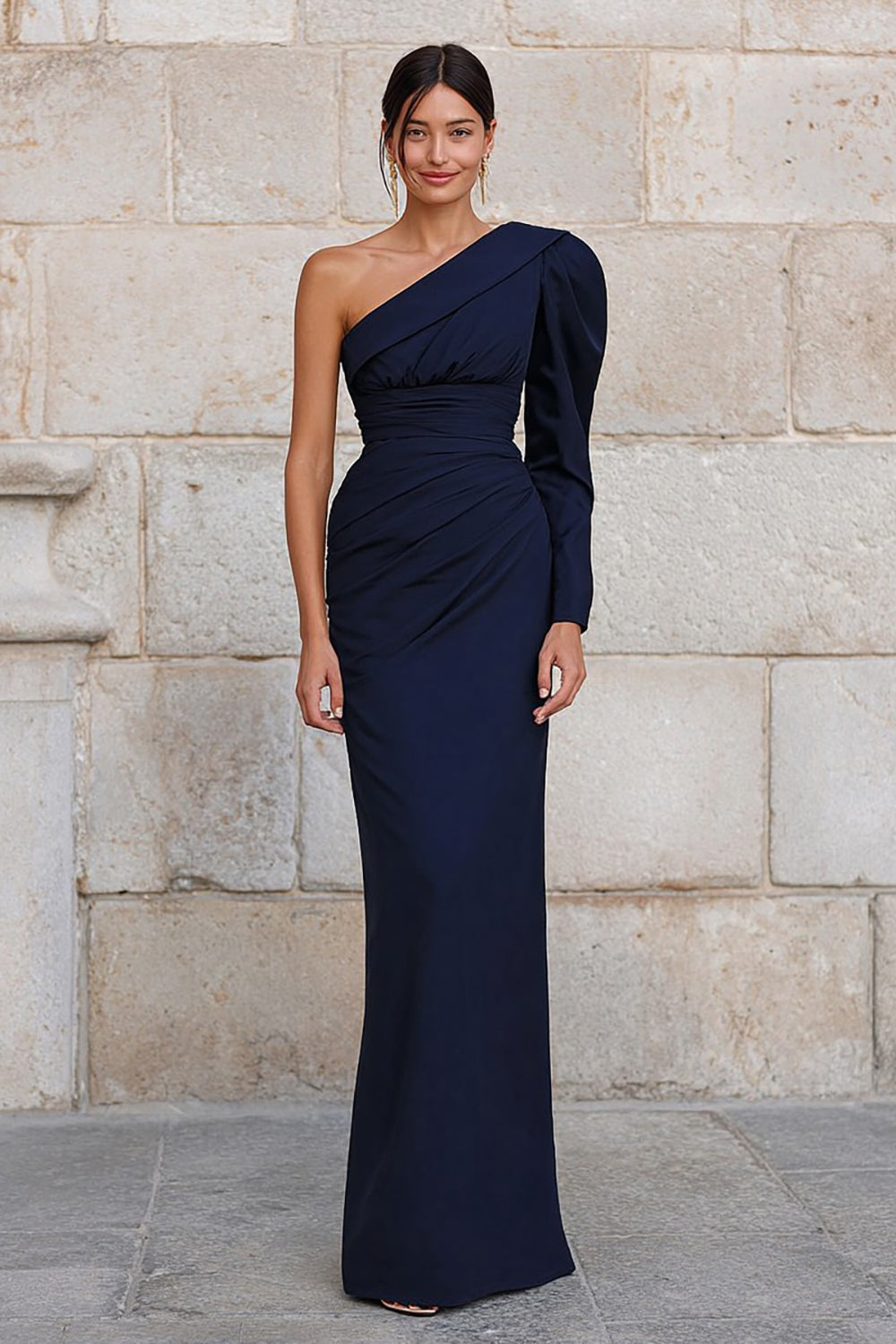 Leely Women Navy Long Mermaid Formal Dress with Sleeves One Shoulder