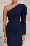 Navy Long One Shoulder Mermaid Formal Dress with Sleeves