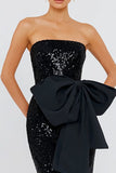 Sparkly Black Sequin Mermaid Strapless Long Formal Dress with Bow