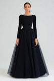 A-Line Boat Neck Long Sleeves Black Tie Dress with Beading