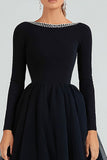 A-Line Boat Neck Long Sleeves Black Tie Dress with Beading