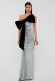 Sparkly Sequins Silver Sheath Long Formal Dress with Bow