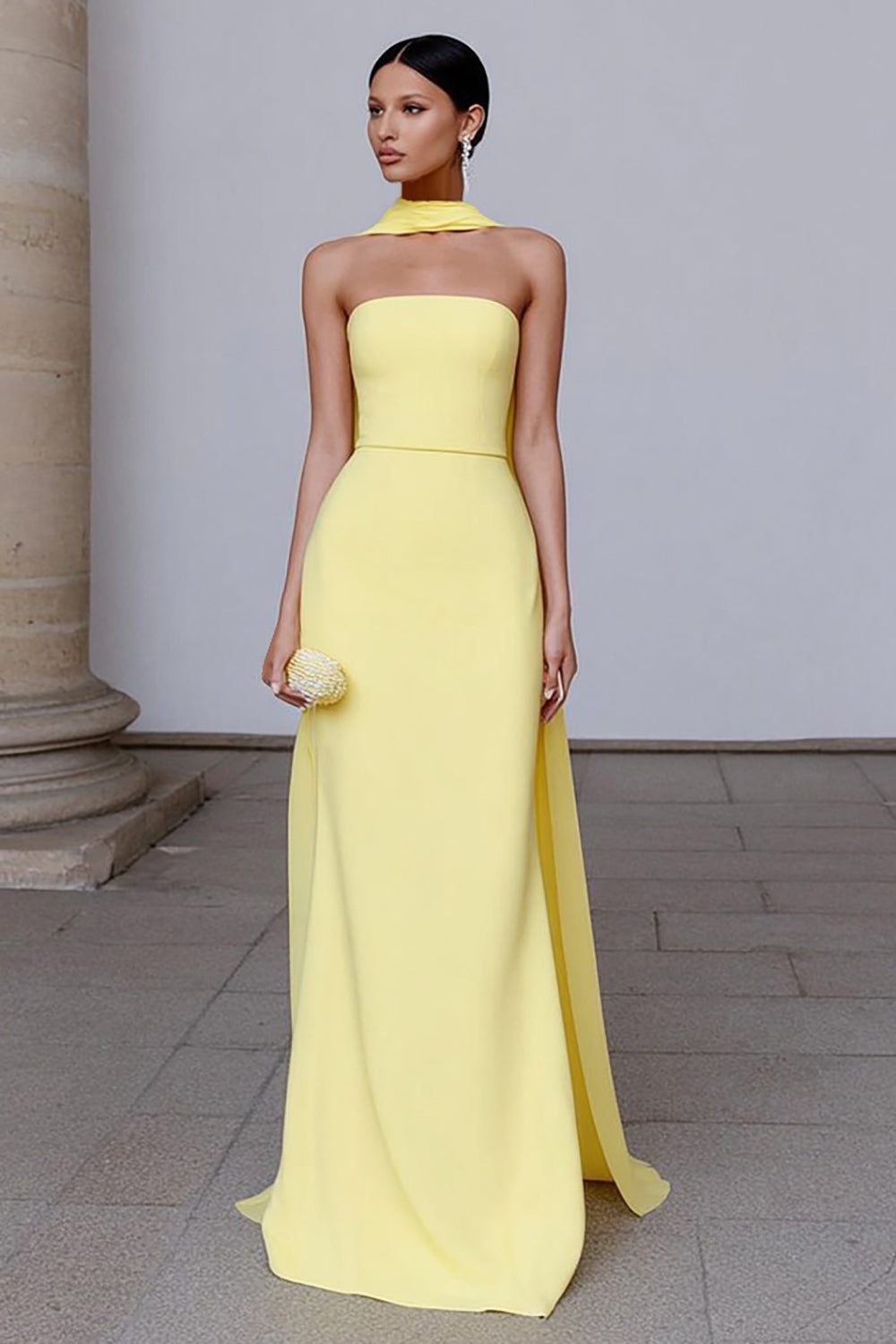 Leely Women Elegant Yellow Strapless Long Formal Dress Neck Scarf