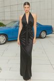 Halter Neck Sheath Ruched Long Black Tie Dress with Bow